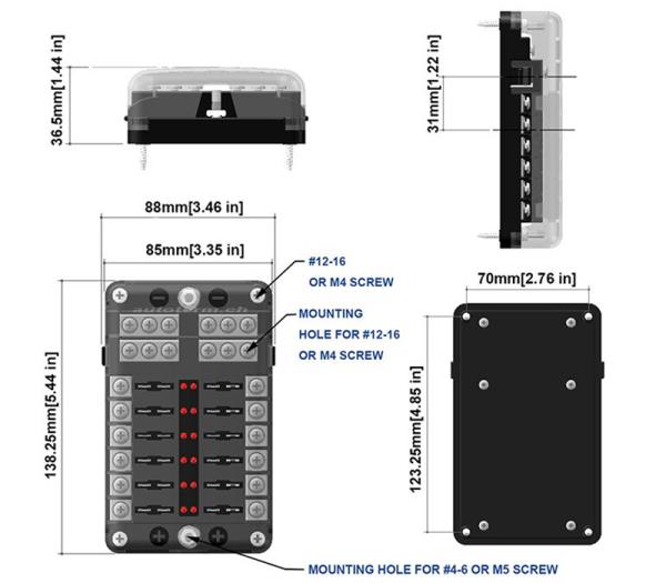 Sicherungsverteiler mit Minusverteiler und LEDs, 12 Sicherungen